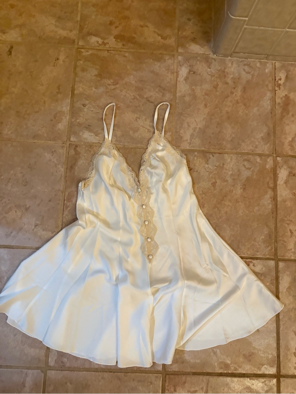 Satin Lace-Trim Chemise Slip in Ivory